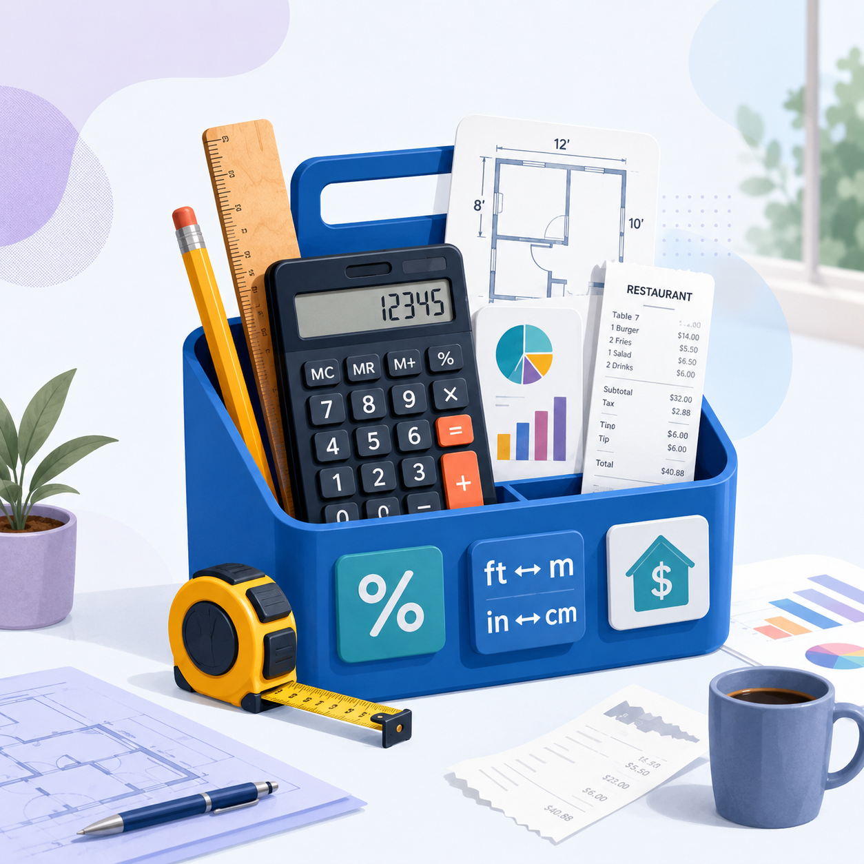 Calculator Caddy tool shelf with calculators and jobsite tools